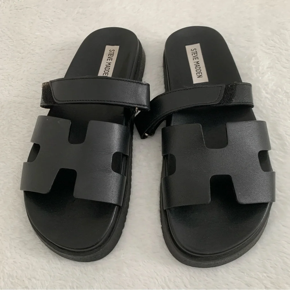 Women’s 8 STEVE MADDEN Mayven Black Leather H Flatform Luxe Slide Sandals - Picture 3 of 5
